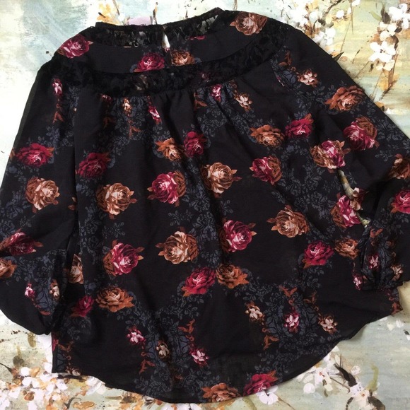 Knox Rose Black Lace Floral Boho Hi Low Bohemian Roses Blouse Top Women Size XS - Picture 10 of 13
